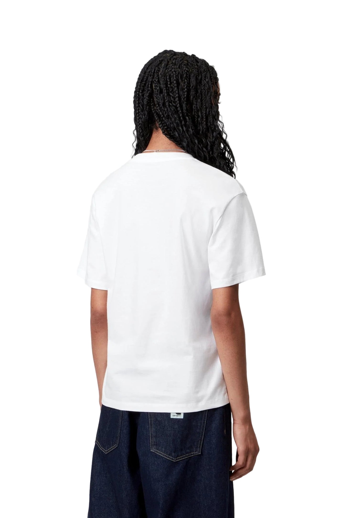 Person wearing a plain white t-shirt on a white background