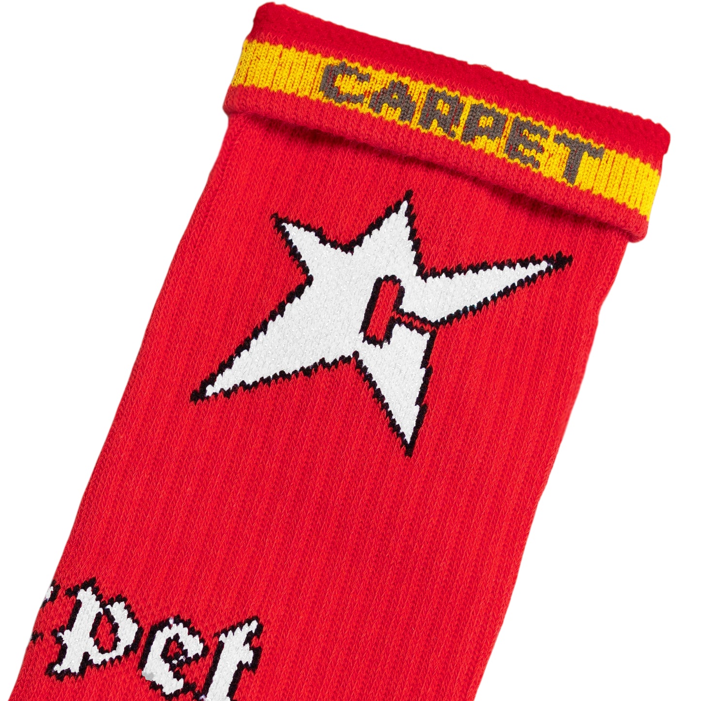 Red sock with white star design and yellow band labeled 'Carpet' on a white background