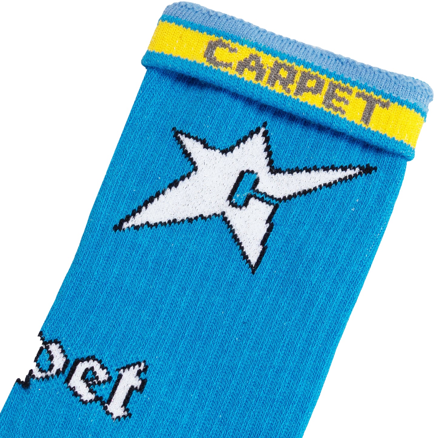 Blue sock with white star design and yellow band labeled 'Carpet' on a white background