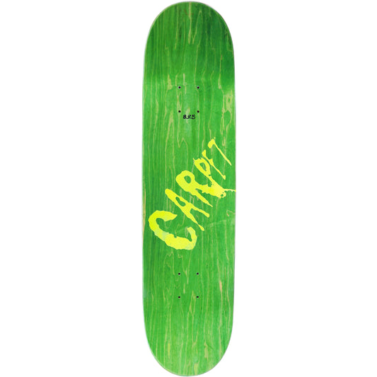 Green skateboard deck with yellow text on a white background