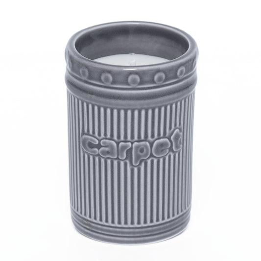 Gray textured tumbler with 'carpet' branding on a white background