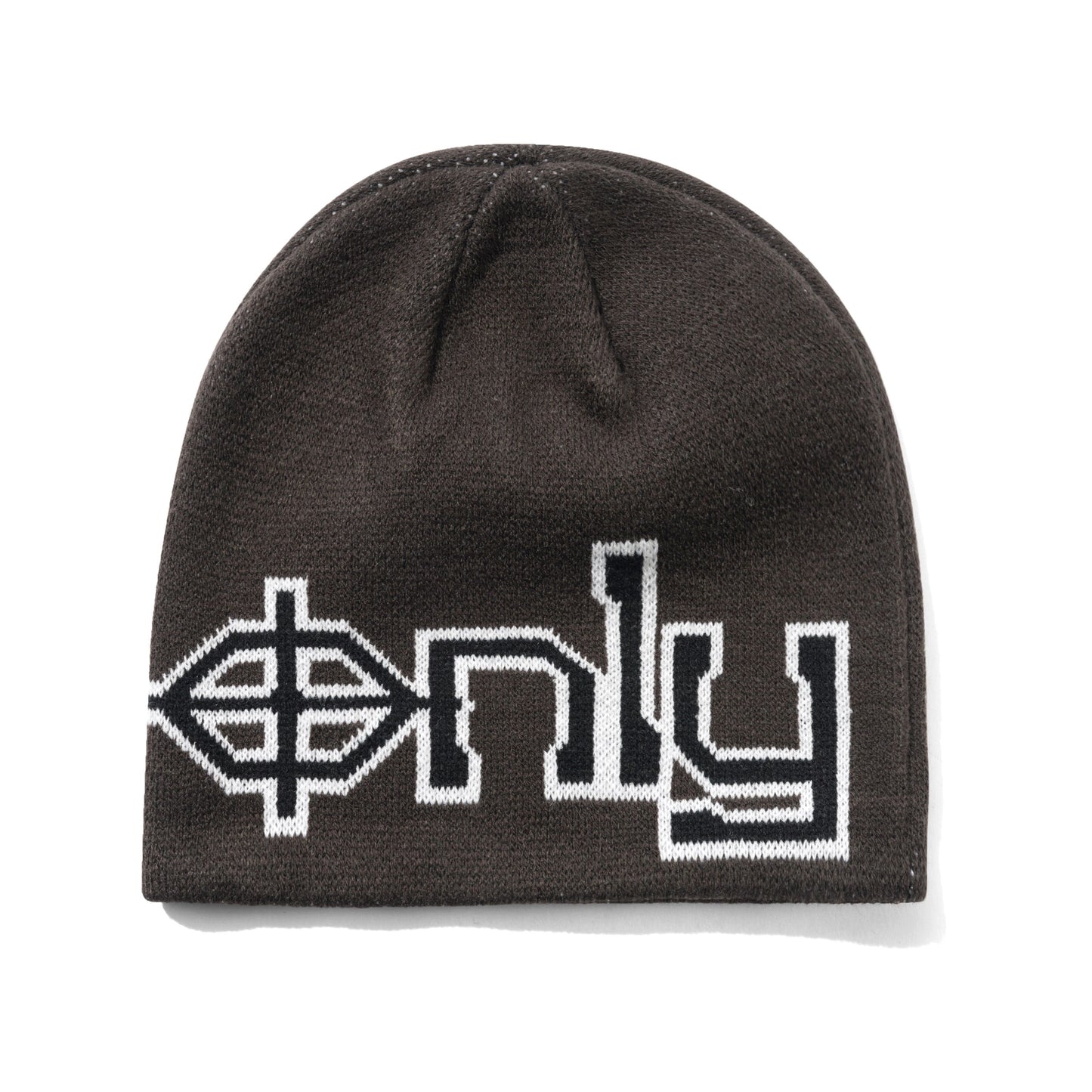 A black knit beanie hat featuring a white and black knitted 'only' logo across the front, displayed on a clean white background.