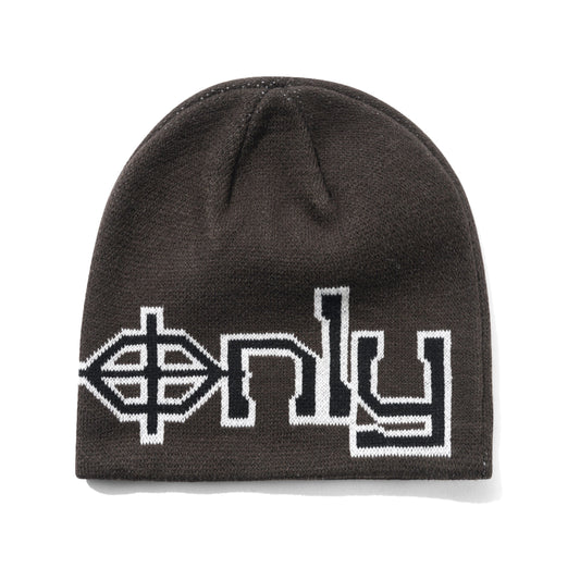 A black knit beanie hat featuring a white and black knitted 'only' logo across the front, displayed on a clean white background.