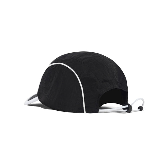A black dome-shaped sun shield with white piping and white chin straps, shown from a side profile on a white background.