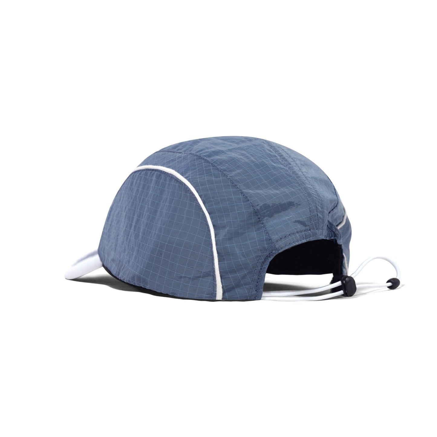 A blue sun hat cover with white piping and a white brim, shown from a side profile view on a white background.