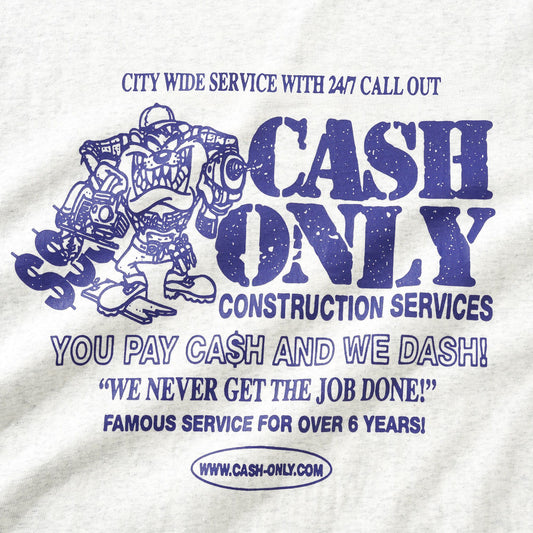 grey t-shirt with blue text and graphic design on a white background