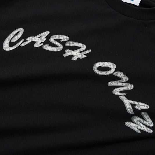 Black t-shirt with 'Cash Only' text design on a plain background