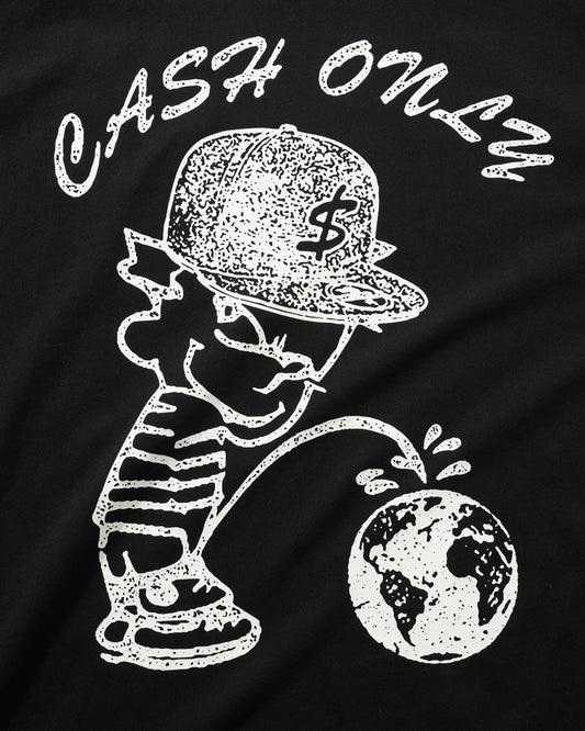Black t-shirt with white graphic of a tiger urinating on a globe and 'Cash Only' text.