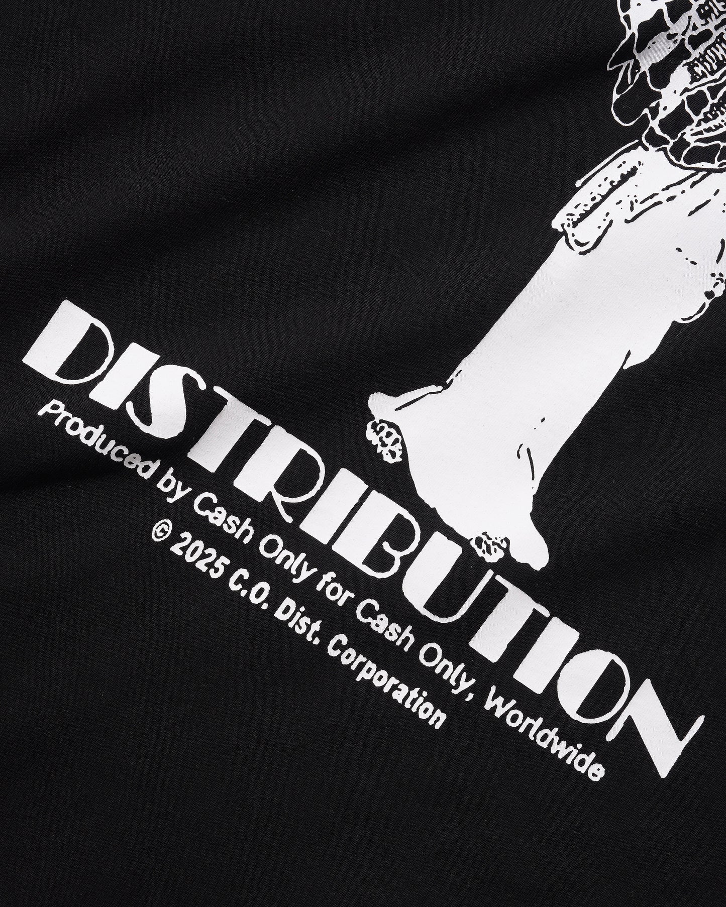 Close-up of a black garment featuring a large white graphic print with the word 'DISTRIBUTION' and smaller text reading 'Produced by Cash Only for Cash Only, Worldwide' and '© 2025 C.O.