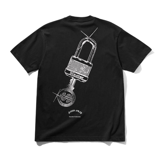 Black t-shirt with a white lock graphic on a white background