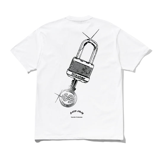 White t-shirt with a black lock design on a white background