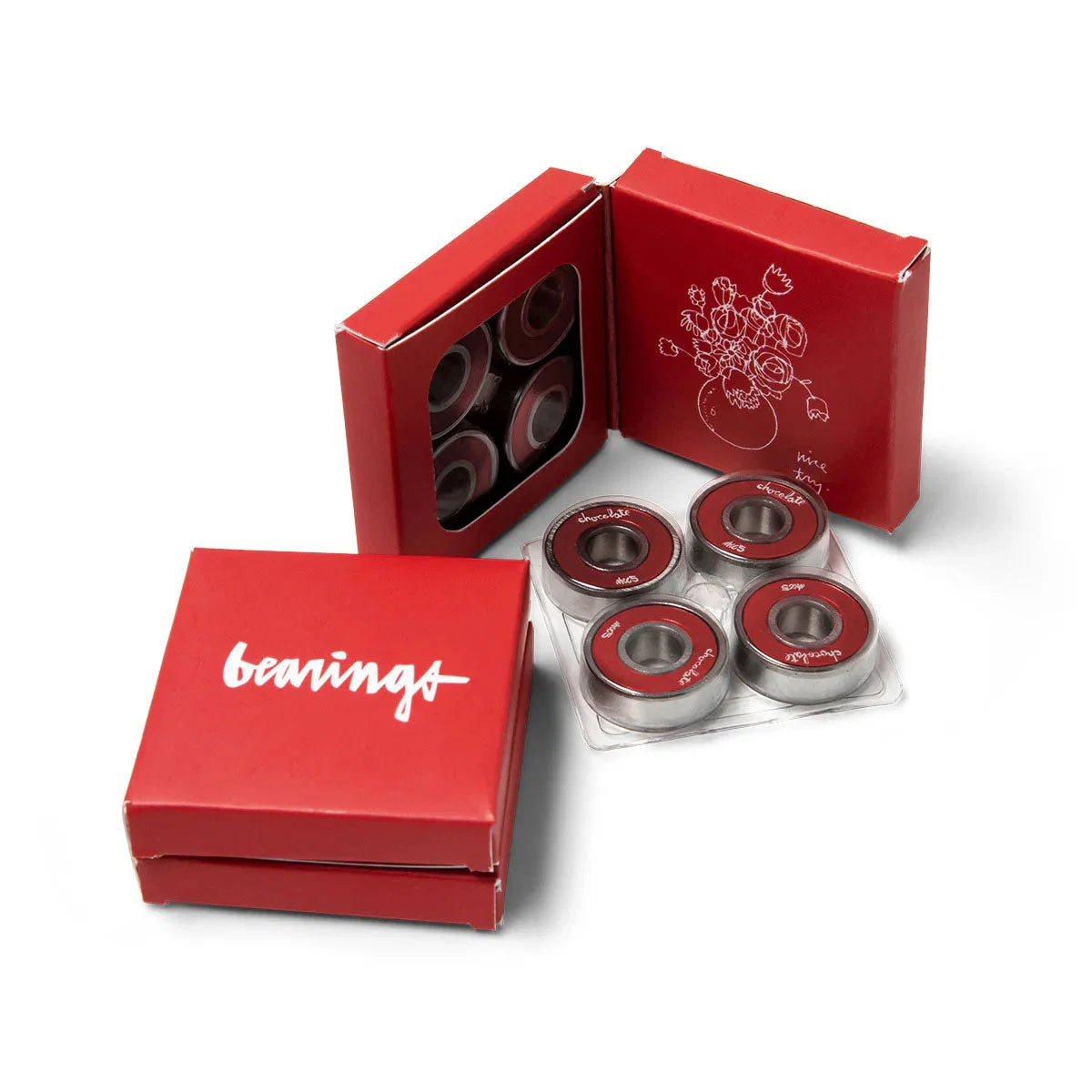 Red box with skateboard bearings on a white background