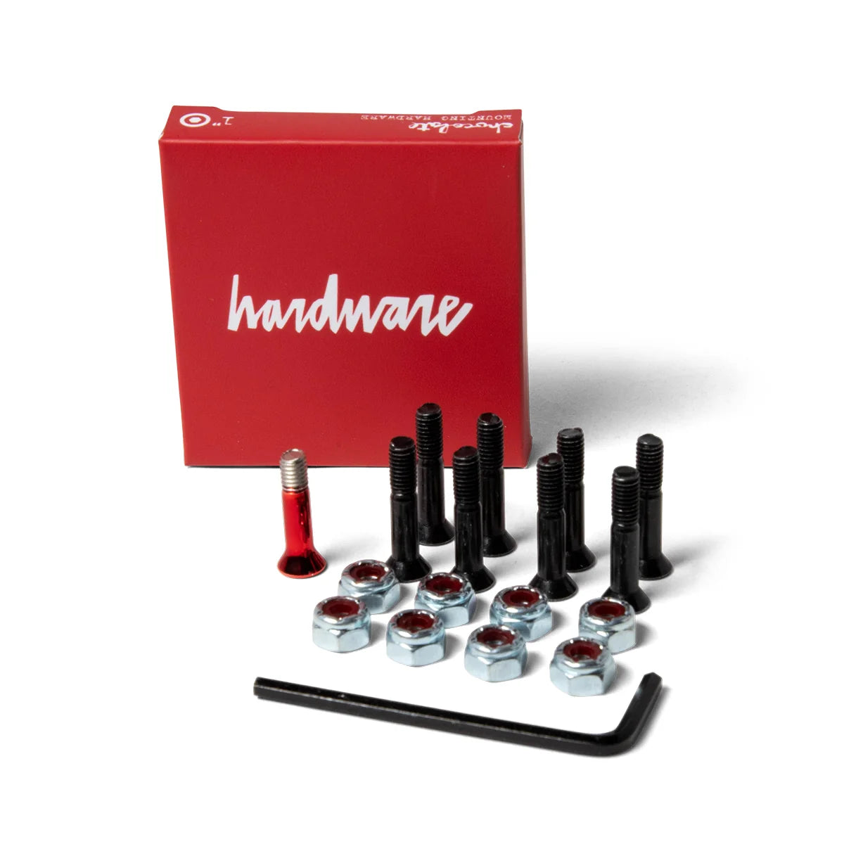 Skateboard hardware set with red box labeled 'hardware' on a white background