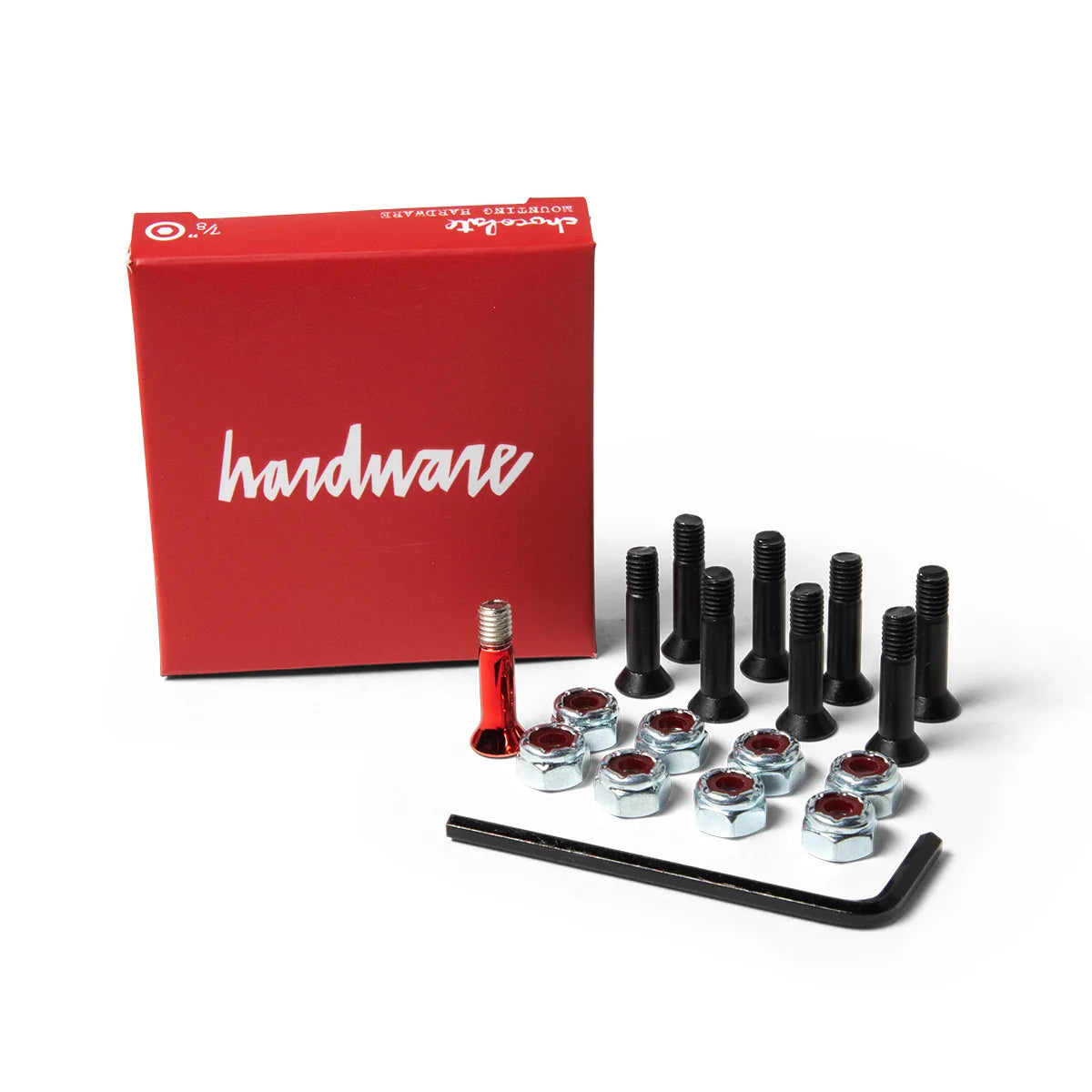 Hardware bolt and nut kit with a red branded box, black bolts, silver hex nuts with red inserts, and a black wrench on a white background.