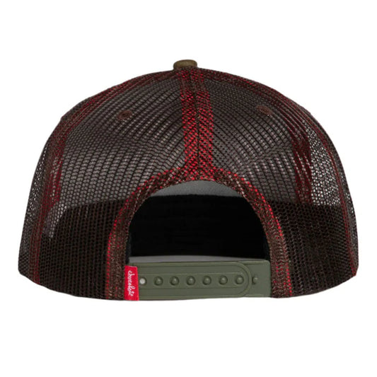 Back view of a black and red mesh cap with a brand logo on a white background