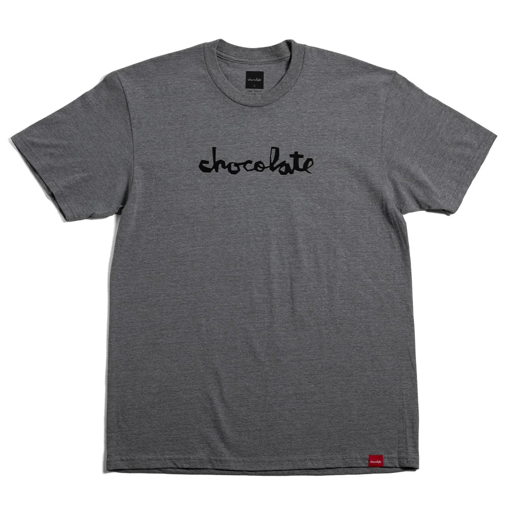 A dark heather gray crewneck t-shirt with the word 'chocolate' printed in black cursive across the chest, displayed flat against a white background.