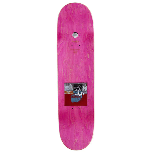 Pink skateboard deck with a logo and text on a white background