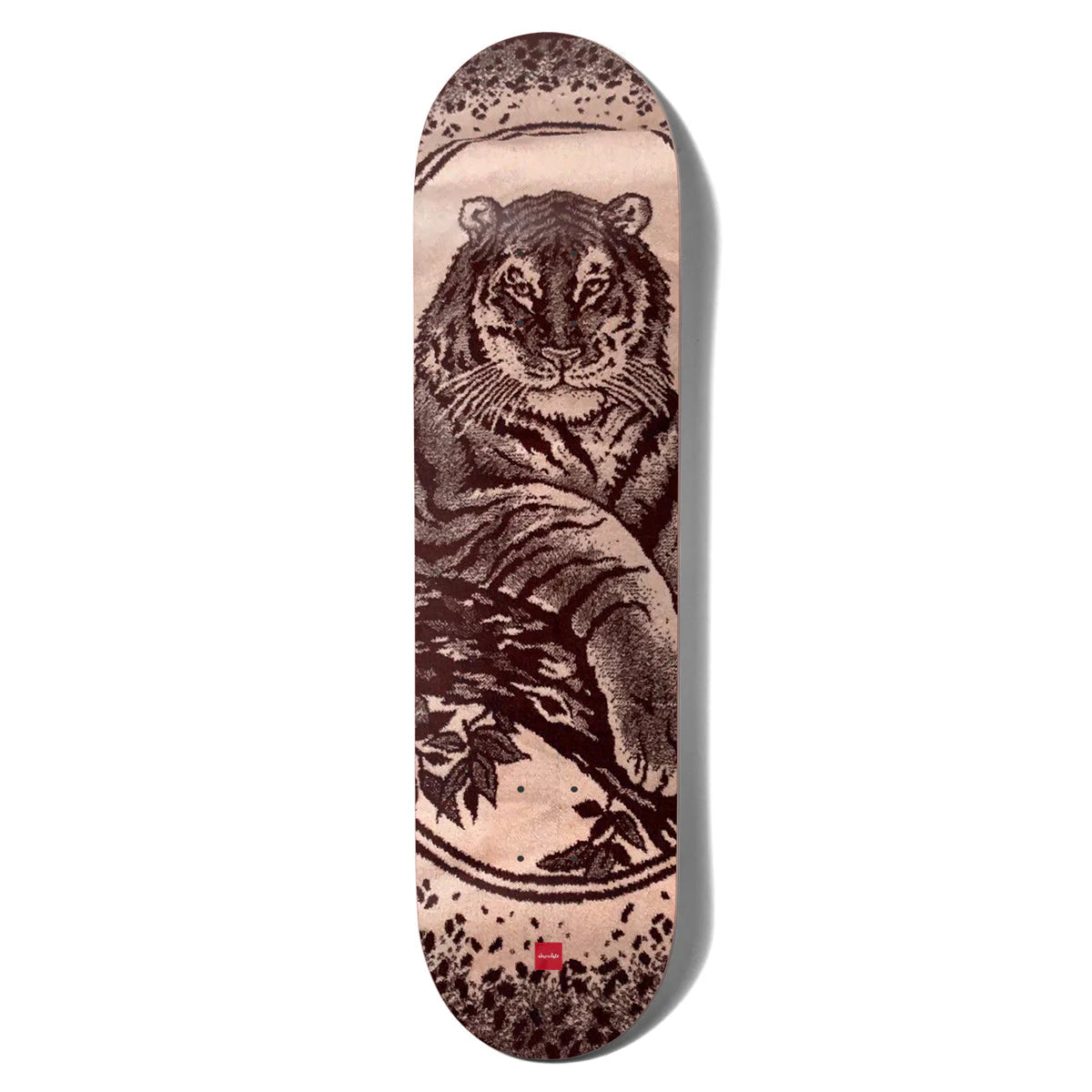 Skateboard deck with a tiger design on a beige background