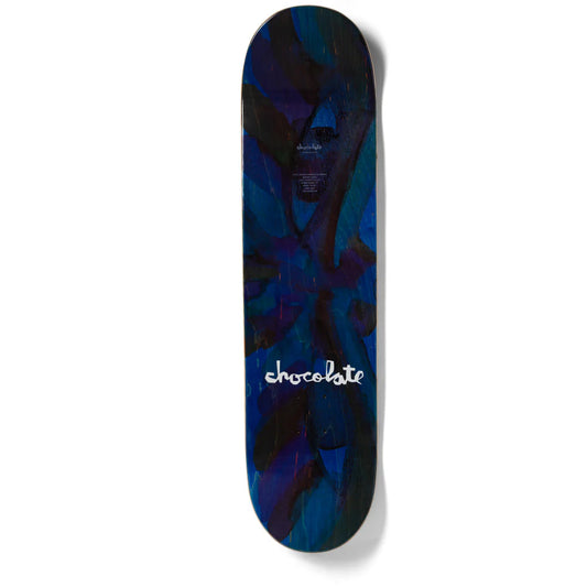 Skateboard deck with abstract design and 'Chocolate' branding on a white background