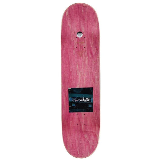 Pink skateboard deck with a logo on a white background
