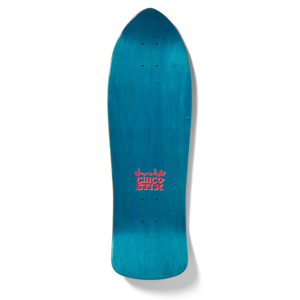 Blue skateboard deck with 'Choco Stix' logo on a white background