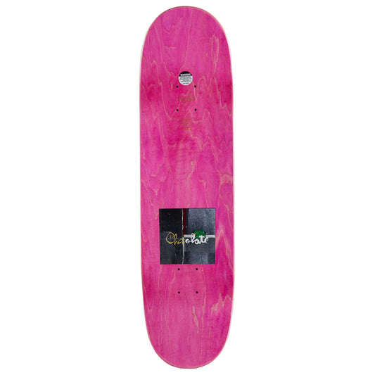 Pink skateboard deck with a brand logo on a white background