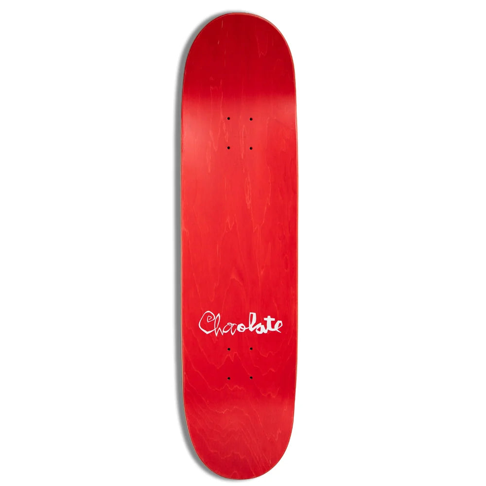 Red skateboard deck with 'Chocolate' logo on a white background
