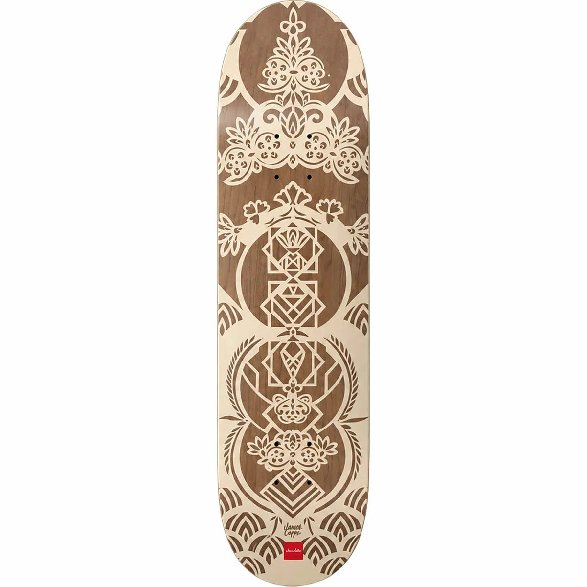 A skateboard deck shown vertically against a plain white background, featuring a symmetrical laser-cut wood grain pattern in brown and beige with a small red logo at the bottom.