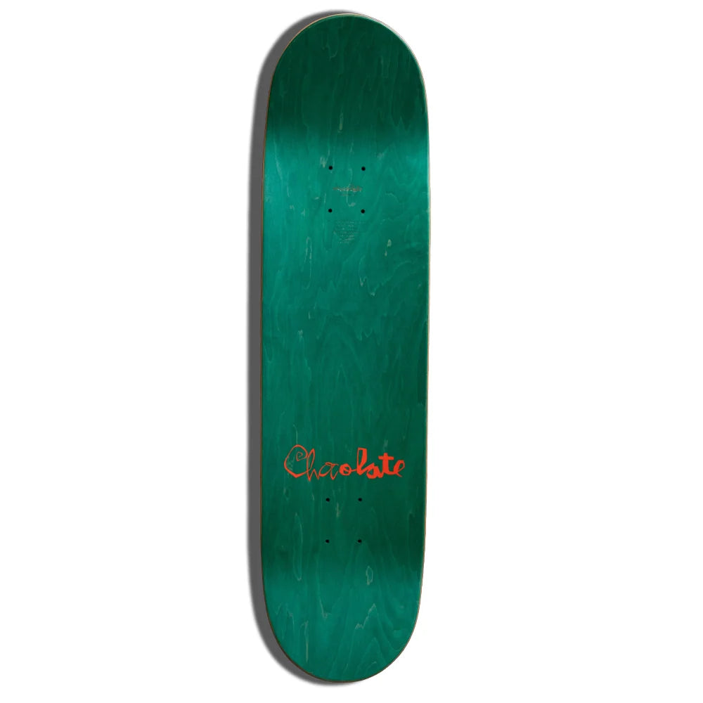 A skateboard deck with a vibrant green wood-grain finish and the brand name 'Chocolate' printed in red script near the bottom.