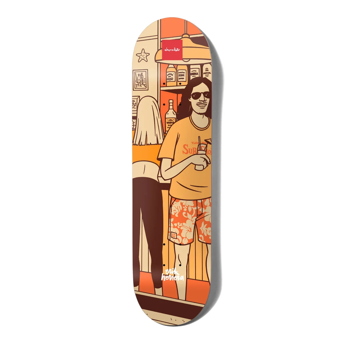 A skateboard deck featuring a retro-style illustrated graphic of a person at a bar