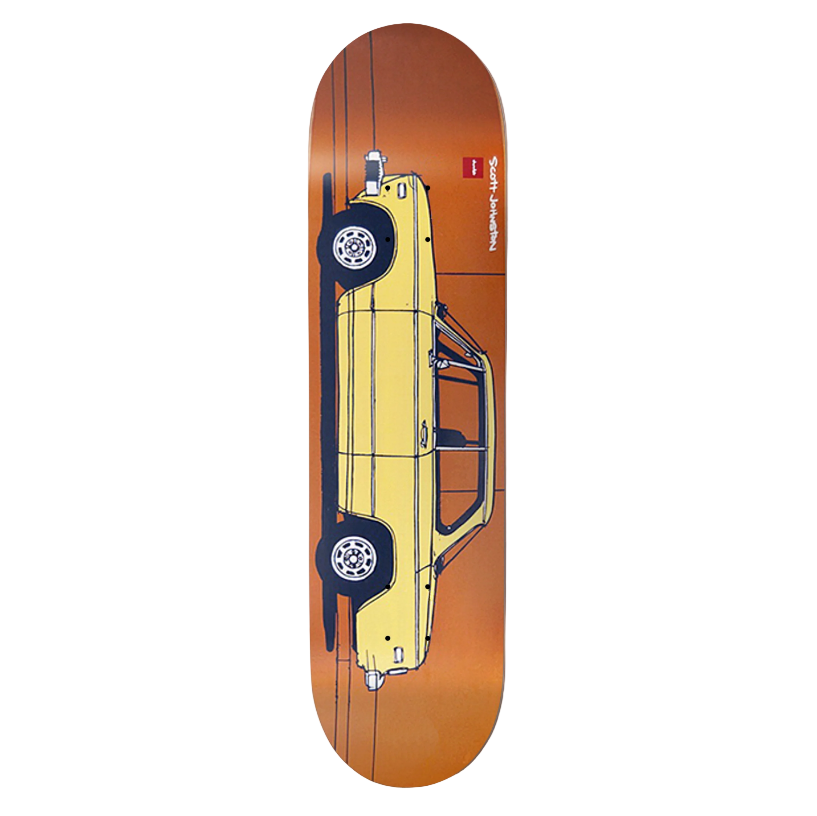 Skateboard deck with a yellow car design on an orange background