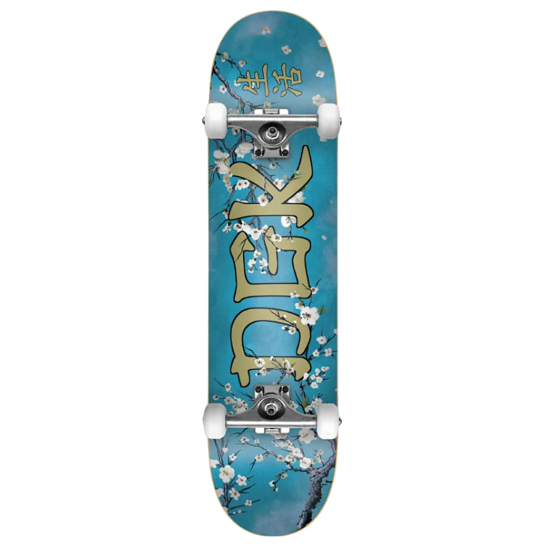 Skateboard with floral design and text on a blue background