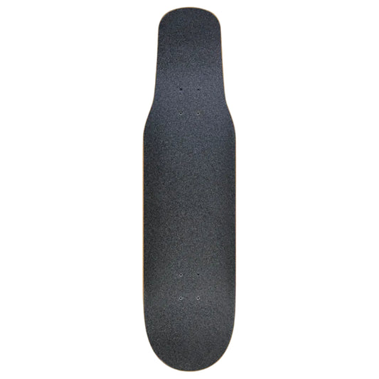 A longboard skateboard deck with black grip tape, shown from a top-down view against a light gray background.