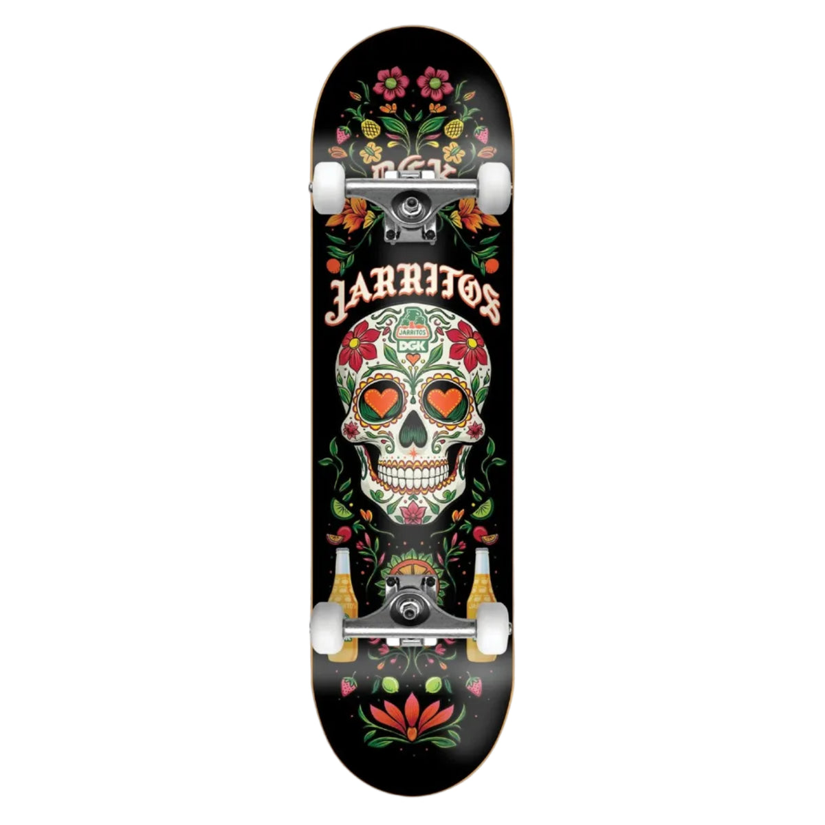 A skateboard shown from the underside, featuring a black deck with a large colorful sugar skull graphic, floral artwork, and the word 'JARRITOS' printed across the center. The skateboard is photographed against a plain light gray background.