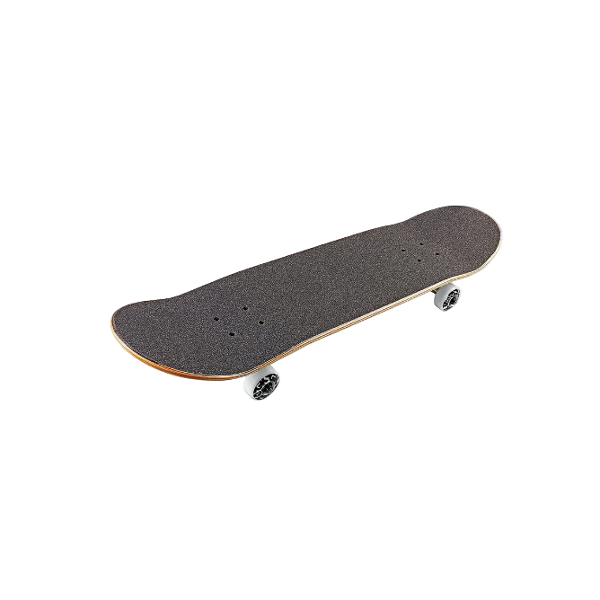 Skateboard with black deck and white wheels on a light gray background