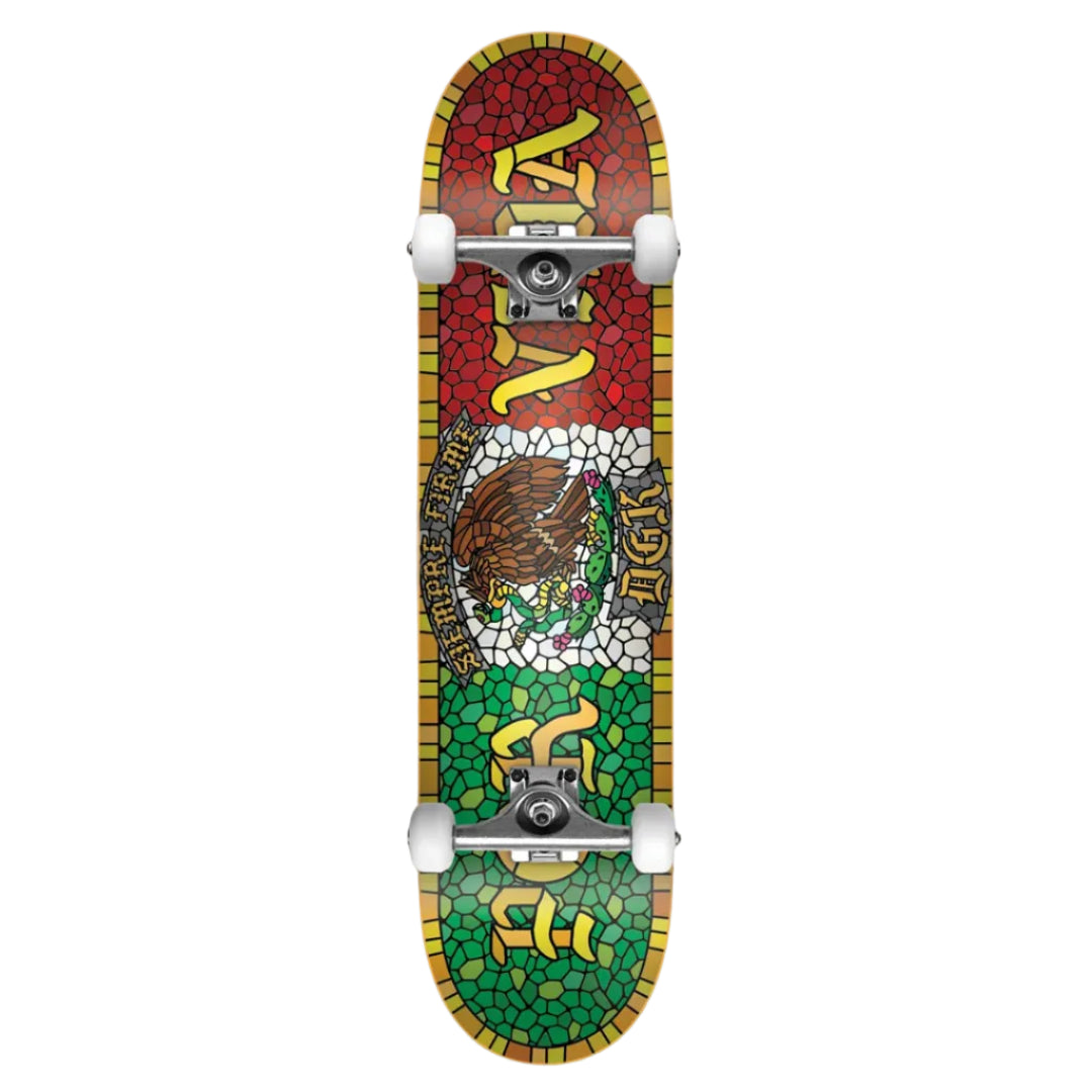 Colorful skateboard deck with mosaic design on a white background