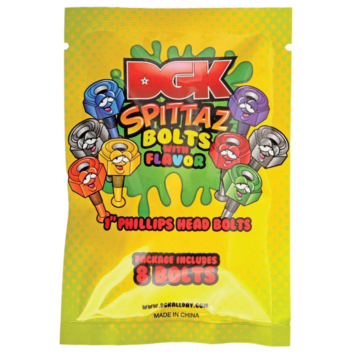 DGK Spittaz Bolts with Flavor novelty packaging for 1-inch Phillips head bolts, featuring a bright yellow and green bag with colorful cartoon bolt illustrations.