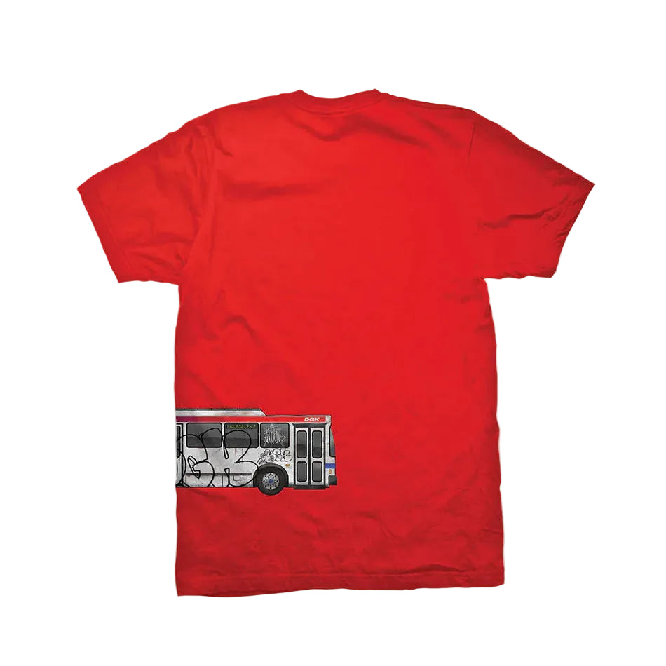 Red t-shirt with a graphic of a fire truck on a white background