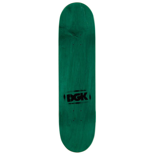 A green skateboard deck with a black DGK logo printed in the center, shown vertically against a plain white background.