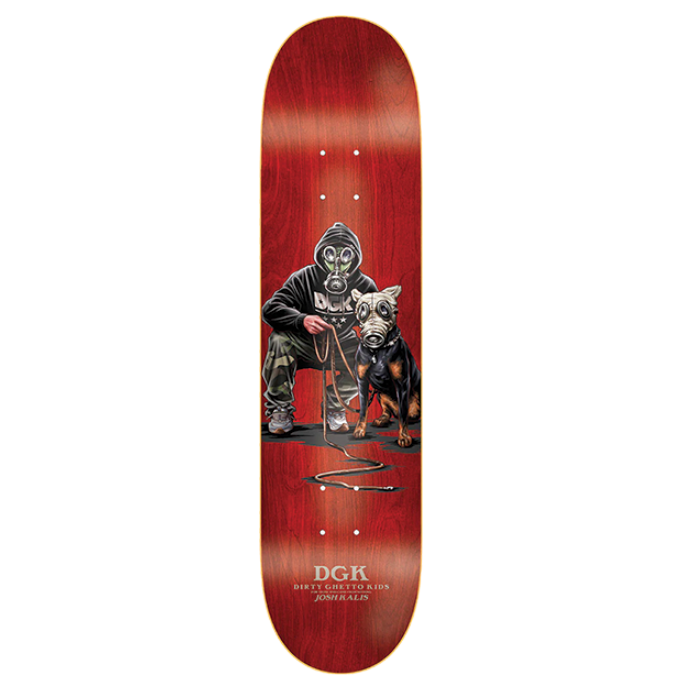 Red skateboard deck with graphic design on a white background