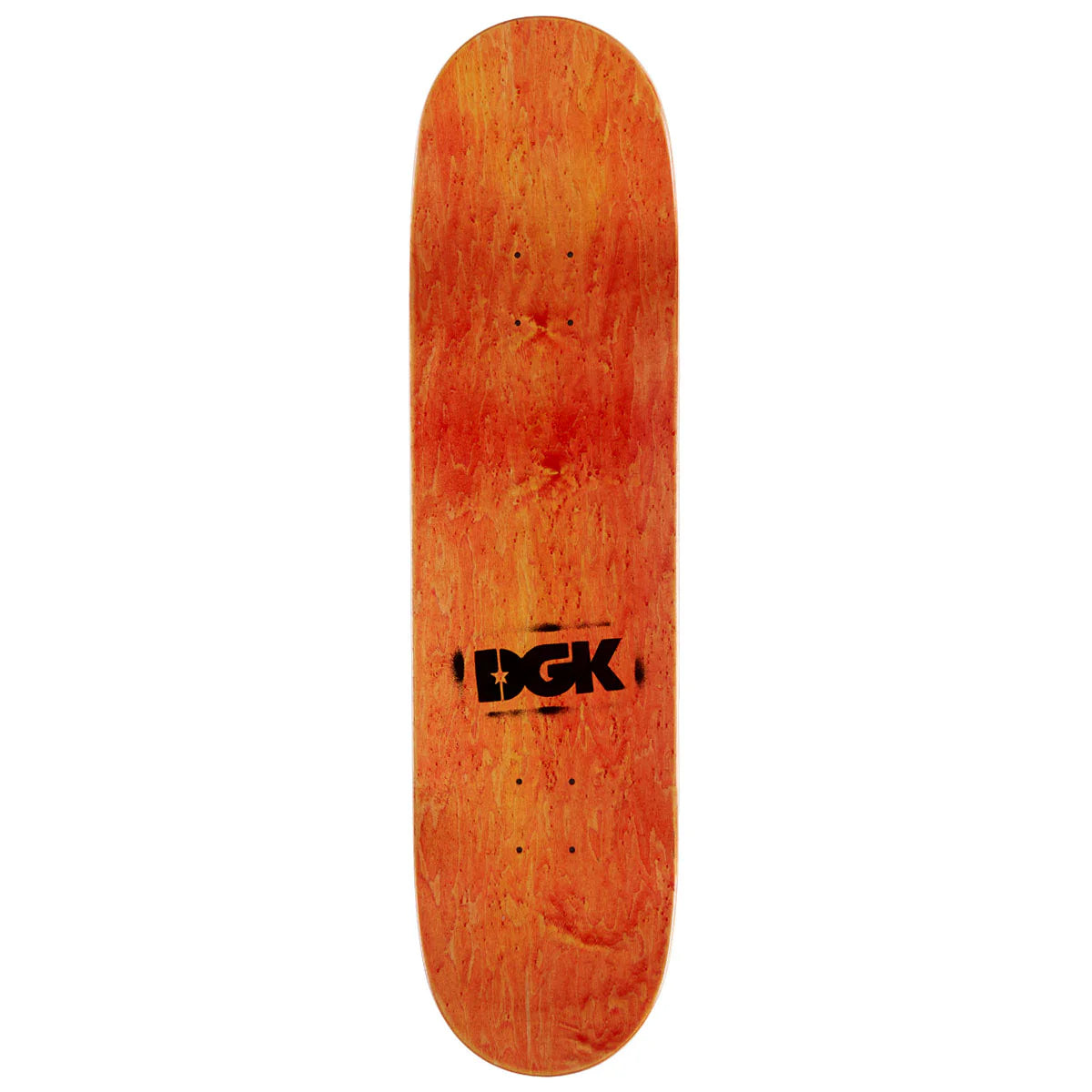 Orange skateboard deck with DGK logo on a white background