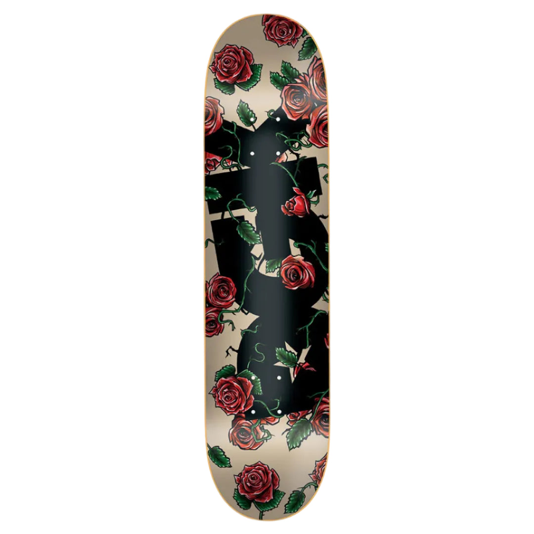 Skateboard deck with floral design on a beige background