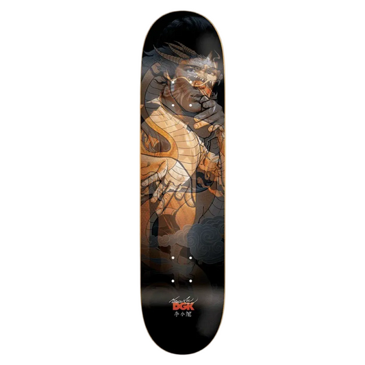 Skateboard deck with a graphic design on a white background