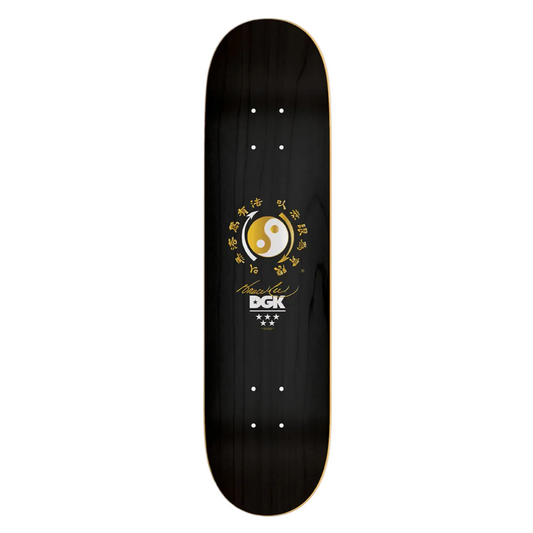 Black skateboard deck with a logo on a white background