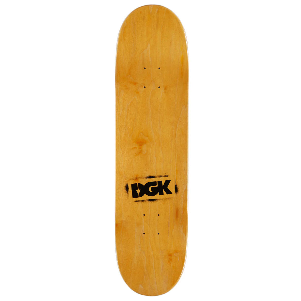 Wooden skateboard deck with DGK logo on a white background