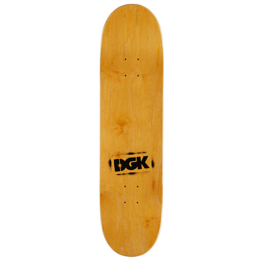 Wooden skateboard deck with DGK logo on a white background