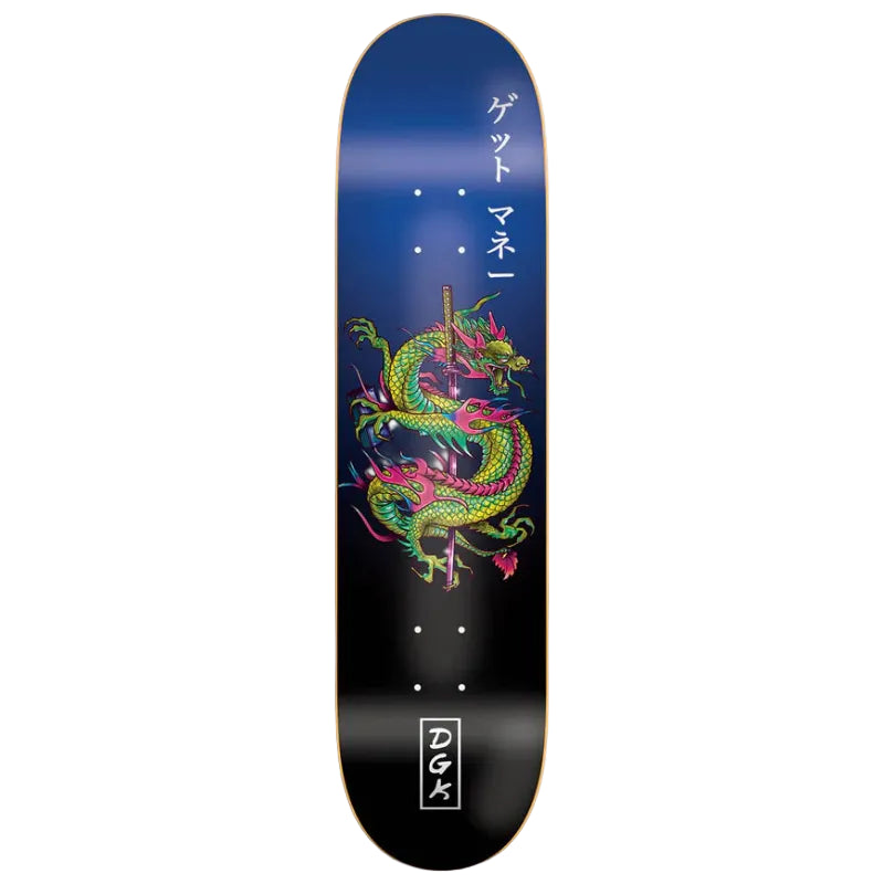 Skateboard deck with colorful dragon design and text on a white background
