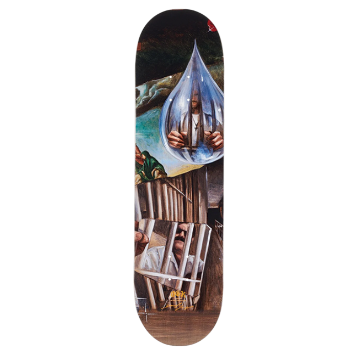 Skateboard deck with artistic design on a white background