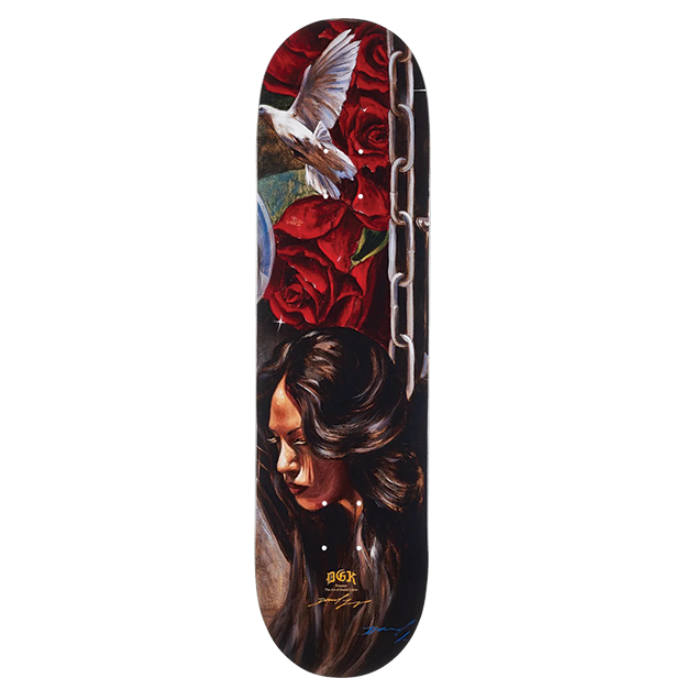 Skateboard deck with artistic design of a woman's face, roses, and a dove on a white background
