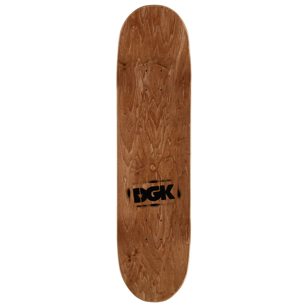 Wooden skateboard deck with DGK logo on a white background